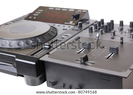 Dj cd player and mixer, closeup on white