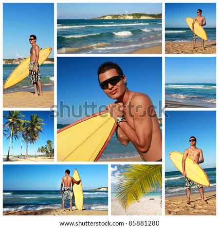Collage with surfer with surf board on tropical beach, Dominican Republic