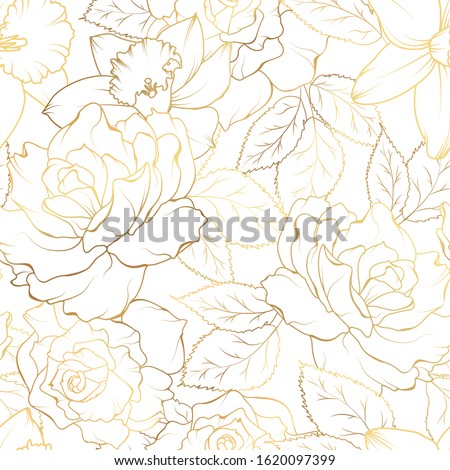 Floral spring seamless pattern. Rose peony daffodil narcissus bloom blossom leaves. Gold shiny outline on white background. Vector illustration for fashion, textile, fabric, decoration.