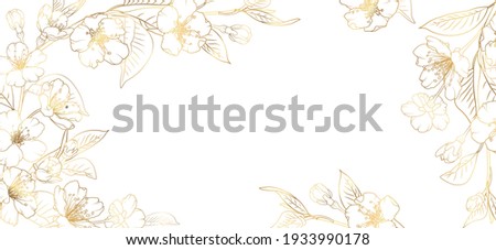 Floral border frame card template. Golden gradient on white background. Cherry, sakura, rose flowers. Vector design illustration. for bunner, wedding card. Rectangle corners sides decoration.