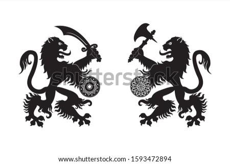 Two black silhouettes of armed heraldic lions.