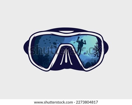 Diving mask with scuba diver and underwater landscape on reflection