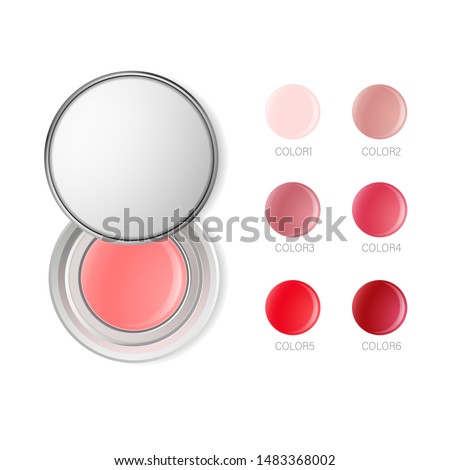 Lip balm or cheek blushes round container template. Lip cream transparent 3d realistic vector packaging with white silver cap isolated on white background. Lipstick color swatch set. Top view.