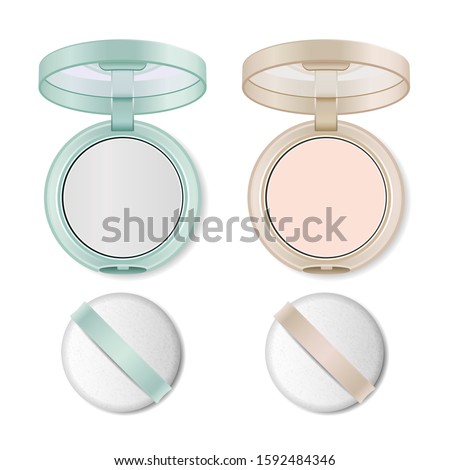 Face compact powder with puff and mirror. Vector realistic cosmetic fixing powder in mint and ivory round plastic case isolated on white background. Makeup beauty product mock up. Top view.