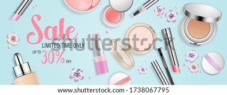 Beauty banner template. Cosmetic products and flowers in pastel colors isolated on turquoise background. Sale promotion vector poster for make up online store. Special offer text block.