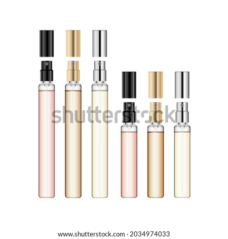 Perfume sample bottle mockup. Set of small glass atomizer tubes with gold, black, steel sprayer, cap and liquid in yellow, pink colors. Beauty product vector template for ad and labeling.