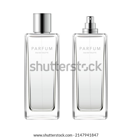 Perfume glass minimalist bottle. Square transparent fragrance packaging with steel cap, sprayer, text template, light liquid. 3d vector mockup for ad and branding. Beauty product illustration.