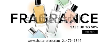 Fragrance advertising banner template with glass perfume bottles with colorful liquids on light background. Sale offer poster mockup with contrast typography for online store. Vector illustration.