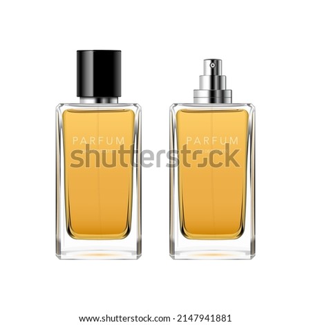 Perfume glass minimalist bottle. Square niche fragrance packaging with black plastic cap, sprayer, text template, amber liquid. 3d vector mockup for ad and branding. Beauty product illustration.