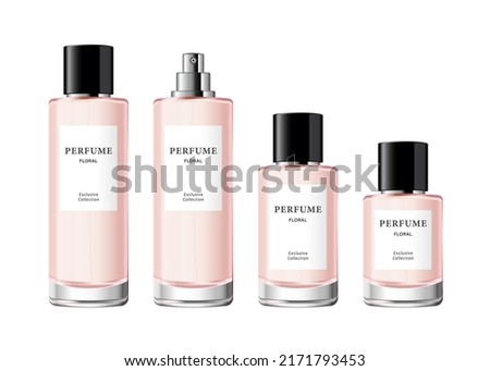 Perfume glass bottle template. Mockup of cylinder minimalist fragrance package in different volumes, with label, steel sprayer and black cap. 3d vector illustration isolated on white background. 