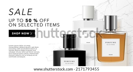 Perfume bottles. Fragrance background template for beauty store, sale, offer, ad. Minimalist mockup of glass transparent, black and white square bottles on white marble background.
