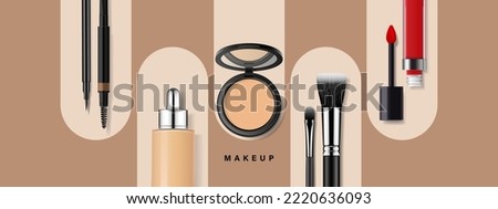 Makeup products realistic vector illustration. Face cosmetics on brown background in rounded frames. Advertising mock up, beauty banner template for online store, offers and branding.
