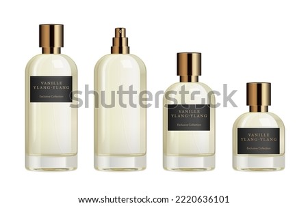 Perfume glass bottle template. Mockup of cylinder minimalist fragrance package in different sizes, with label, bronze sprayer and cap. 3d vector illustration isolated on white background.