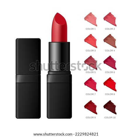 Lipstick tube template. Lip balm in a plastic black 3d realistic vector packaging, opened and closed, with red matt lip cream, isolated on white background. Lipstick color swatch set.