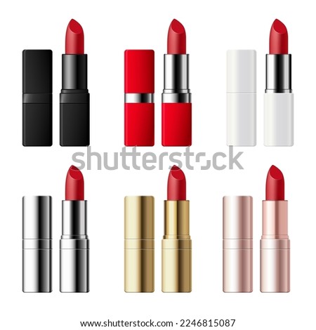Vector realistic lipstick packaging collection. Black, white, red, silver, gold, rose gold plastic tubes isolated on white background. Set of cosmetic products templates.