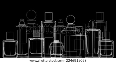 Perfume bottles linear white silhouettes on black background. Beauty products, fragrance banner template for advertising and web promotion. Linear geometric vector drawing.