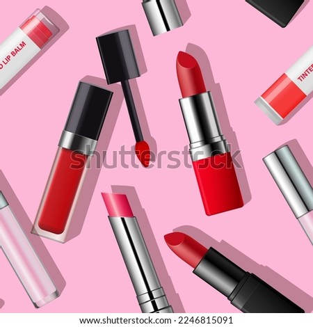 Seamless beauty pattern for advertising, web design, decorations. Pink background with realistic red, rose lipstick packages and lip gloss tubes. Cosmetics products flat lay.
