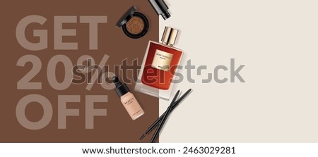 Makeup products realistic illustration. Cosmetics packaging, perfume isolated on contrasting brown beige background. Vector banner template for beauty store. Minimalist poster design with typography