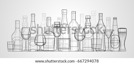 Vector linear illustration of bottles and glasses of alcohol. Alcohol drinks white background.