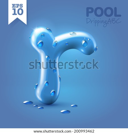 Wet blue glossy vector font - R with fresh drops of water on it hanging over blue background Stock fotó © 