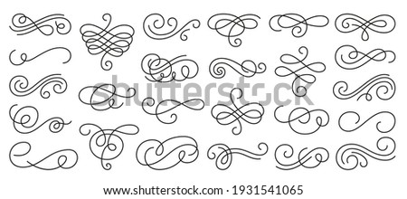 Calligraphic swirl ornament, line style flourishes set. Filigree ornamental curls. Decorative design elements for menu, certificate, diploma, wedding card, invatation, outline text divider 商業照片 © 