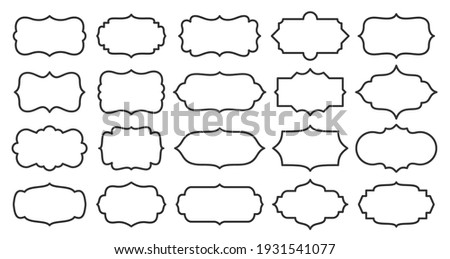 Label set, different shape, line style. Contour frame for text about product, sale info, certificate, blank, card. Empty sticker template for jar, container, bottle, pack. Outline retro border design