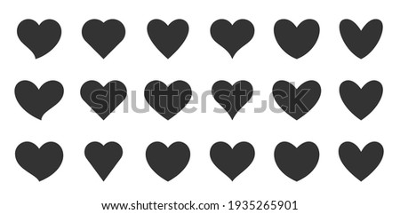 Black silhouette heart flat icon set isolated on white. Different shapes retro abstract romantic love outline graphic design element collection. Health care, wedding, Valentine day card, like symbol