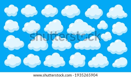 Abstract white cute clouds set isolated on blue sky background. Various round shapes cloud icon symbol collection. Flat cartoon style web banner with light and shadows. Think speech bubble concept