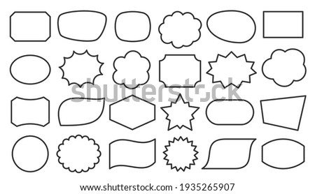 Geometric shapes black line icon set. Outline cartoon abstract blank template for speech bubble, message balloon, text note box, price tag, paper memory sticker, think cloud frame, web banner, badge