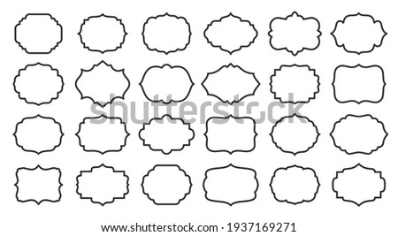 Label set, empty frame for card, certificate, menu. Line style different shape sticker template for jar, container, bottle, pack. Contour blank for text about product, sale info. Outline retro border