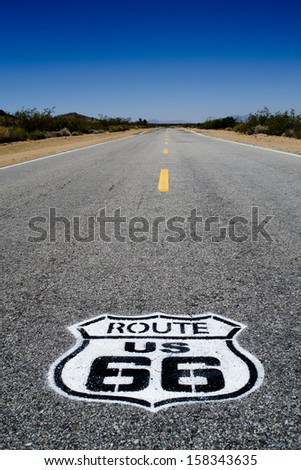 Historic endless Route 66 crossing the Mojave Desert in California