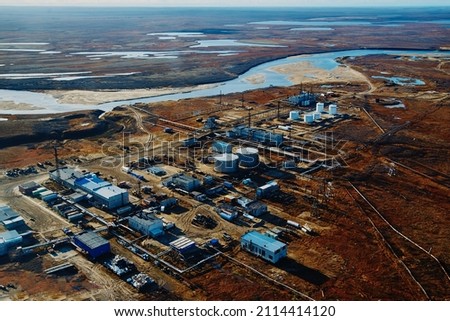 Extraction of natural gas. Mining. Industrial village in the tundra. View from above. Stockfoto © 