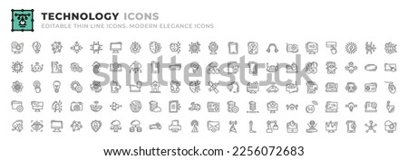 Set of 100 Technology icons. Thin line outline icons such as virtual reality, idea, digital, interactivity, lightbulb, settings, global, advertising, devices, smart home, social media,  chatbot