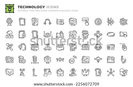 Set of 50 Technology icons. Thin line outline icons such as 5g, coding, voice recognition, software, spotlight, email, antenna, robotic leg, production, timer, hologram, stock market, app tracking