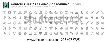 Set of 100 Agriculture and Farming icons. Thin line outline icons such as fertilizer, land, biology, harvest, trees, ultraviolet, compost, hay, oat, high fiber, trowel, fork, sowing seed, demeter