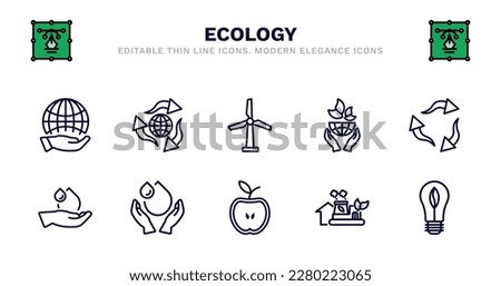 set of ecology thin line icons. ecology outline icons such as recycling, wind mills, ecology, recycle, raindrop on a hand, raindrop on a hand, save water, half, eco industry, eco light vector.