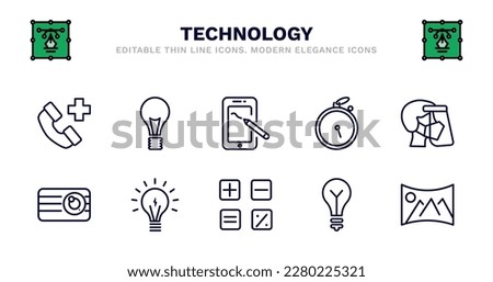 set of technology thin line icons. technology outline icons such as light bulb turned off, drawing tablet, stopwatch running, face shield, retro squared camera, retro squared camera, light on,