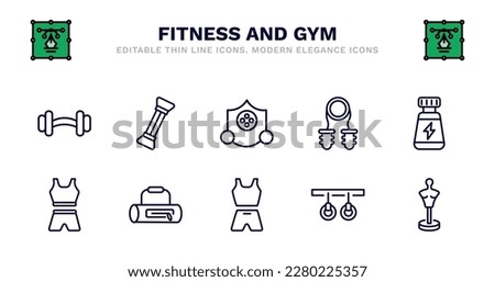 set of fitness and gym thin line icons. fitness and gym outline icons such as arms extender, elevation mask, sport expander, phytonutrients, female sportwear, female sportwear, gym bag, sport wear,