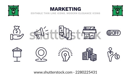 set of marketing thin line icons. marketing outline icons such as promote, flyer, shop, off, banner, banner, place, potential, enterprise, salesman vector.