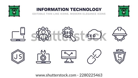 set of information technology thin line icons. information technology outline icons such as seo management, seo configuration, seo, engineering, js, js, tools, advertising bounce, hyperlink, html5