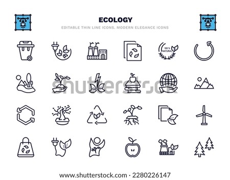 set of ecology thin line icons. ecology outline icons such as dust bin, eco factory, 100 % natural badge, plant on a hand, globe on hand, tree of love, eco paper, eco energy, half, christmas trees