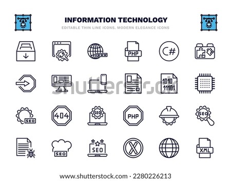 set of information technology thin line icons. information technology outline icons such as archive, www, c sharp, adaptive layout, binary file, error 404, engineering, seo cloud, error, xml vector.