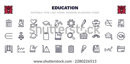 set of education thin line icons. education outline icons such as exams, hand care, chemical diagram, math book, planet saturn, magnification lens, swinging, ballistic, microphone with stand, black