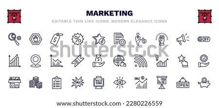 set of marketing thin line icons. marketing outline icons such as analyze, price, content management, off, marketing graph, web shop, shop, sale, sales, pig bank vector.