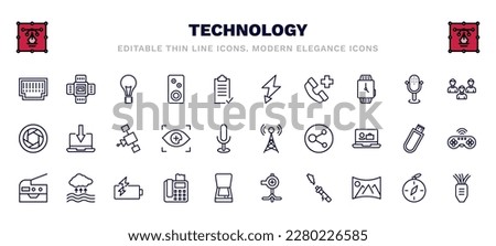 set of technology thin line icons. technology outline icons such as telephone connector, light bulb turned off, green flash, customers, satellite in orbit, cell tower, photocopier, telephone with
