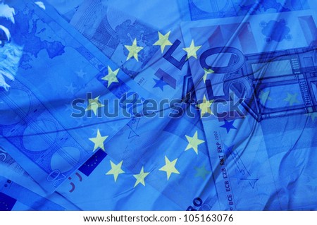 blue background with euro bills and european union flag symbolizing euro zone
