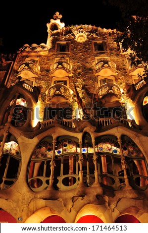 BARCELONA, SPAIN - SEPTEMBER 10: Casa Batllo at night on September 10, 2012 in Barcelona, Spain. The famous building was designed by Antoni Gaudi