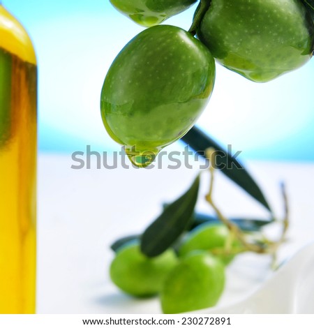 closeup of a branch of olive tree with olives and a bottle of olive oil in the background