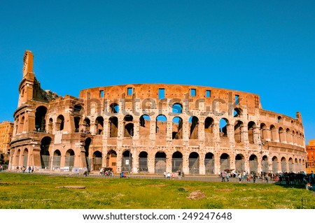 ROME, ITALY - APRIL 17: The Flavian Amphitheatre or Coliseum on April 17, 2013 in Rome, Italy. The Coliseum is an iconic symbol of Rome and one of the most popular tourist attractions in the city