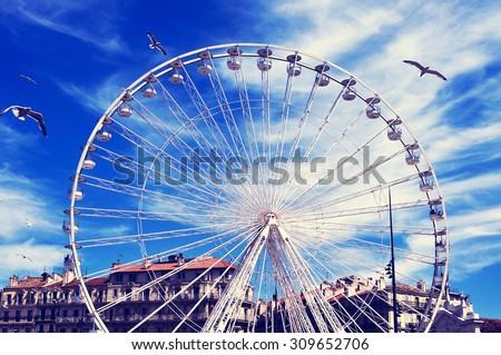 seagulls and a Ferris wheel at the Old Port of Marseille, France, with a filter effect